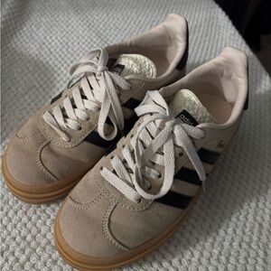 adidas Beige Suede Athletic Sneakers with Black Stripes